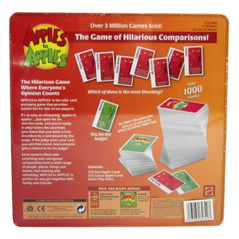 Apples to Apples comparison card game in a party tin ages 12+ MATTEL, NEW